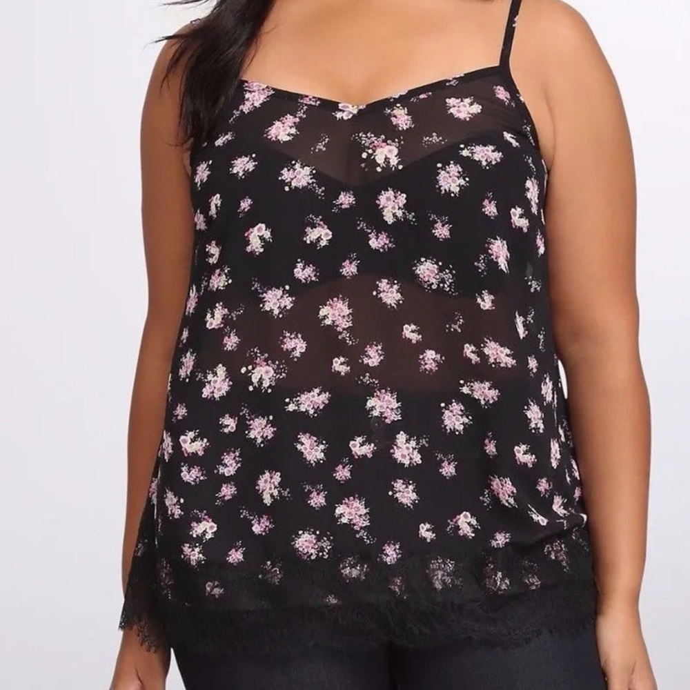 Torrid Black Floral Sheer Lace Trim Cami